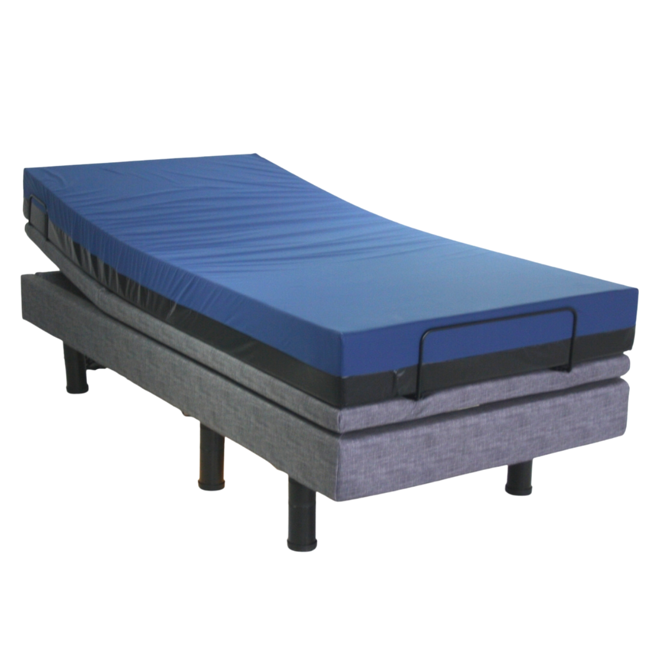 Black and blue mattress on a grey bed frame