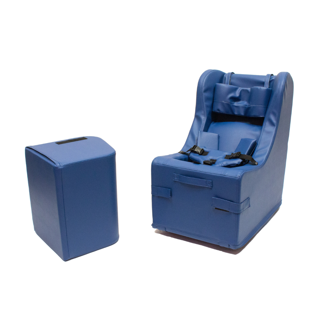 Freedom Concepts Rock'er Chair in blue with ottoman in blue on left of chair
